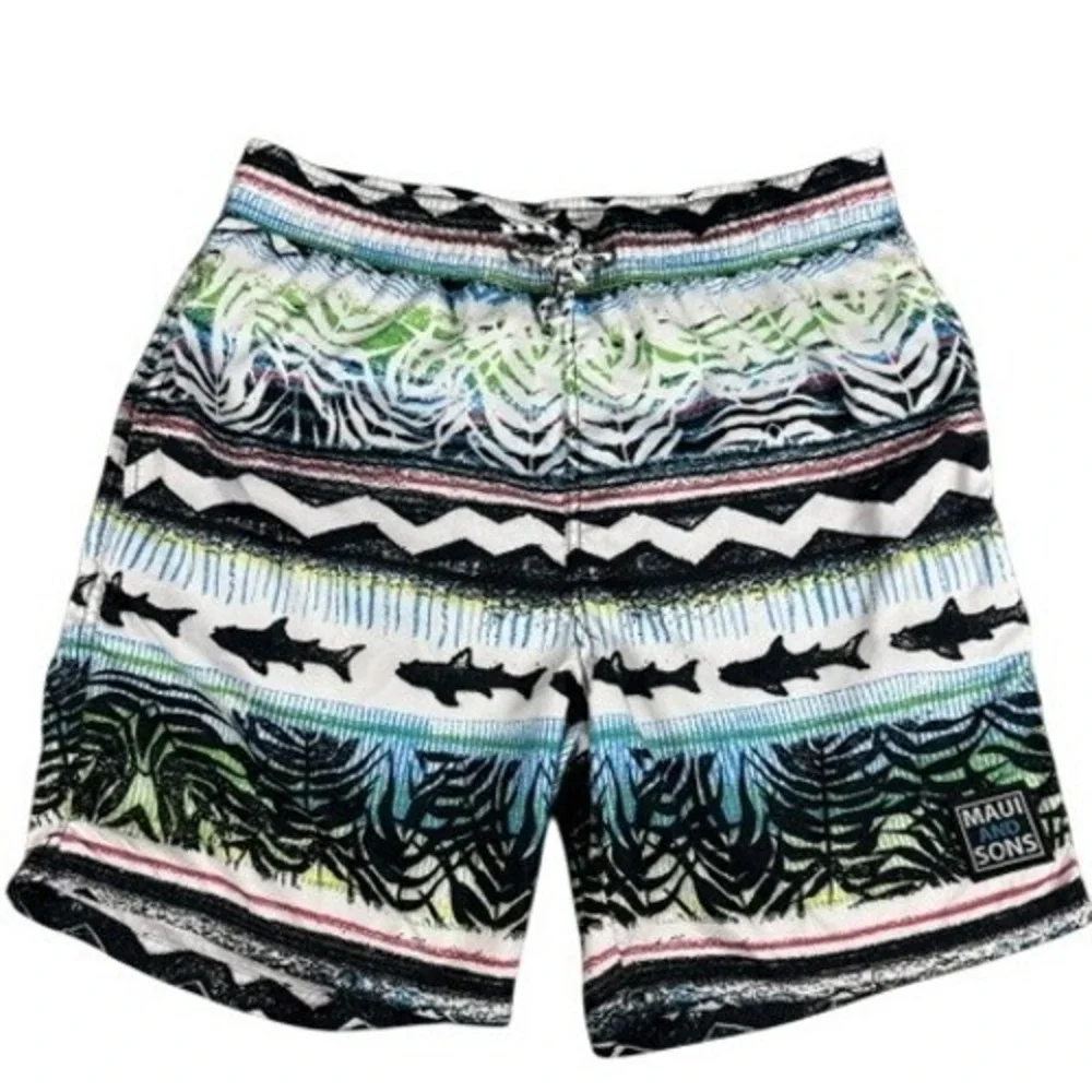 Maui and Sons Swim Trunks Mens Medium Shark Tropical‎ Graphic Board Shorts Multi